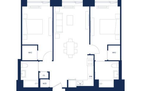 Floor plan for 2 beds, 2 baths, 976 sqft